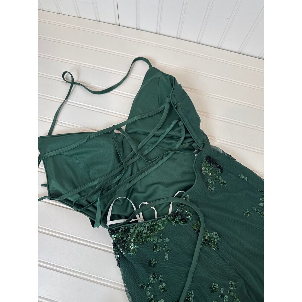 NWT Lulus Valhalla Forest Green Sequin Lace-Up Maxi Dress Glam Holiday Size M - Picture 7 of 10